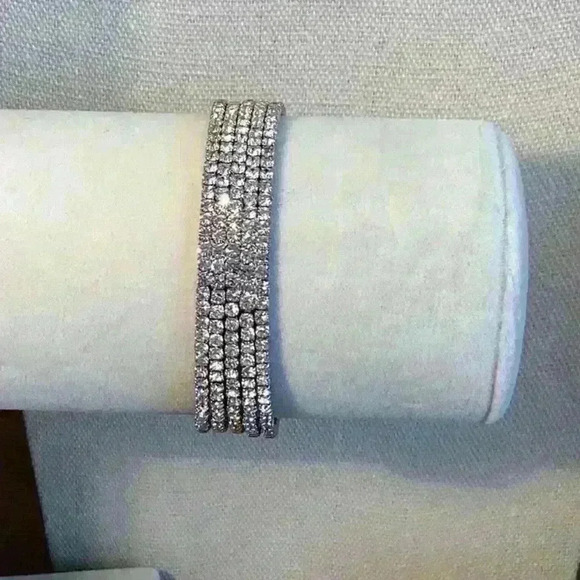 Vintage Silver Rhinestone Stretch Cuff - Picture 4 of 8